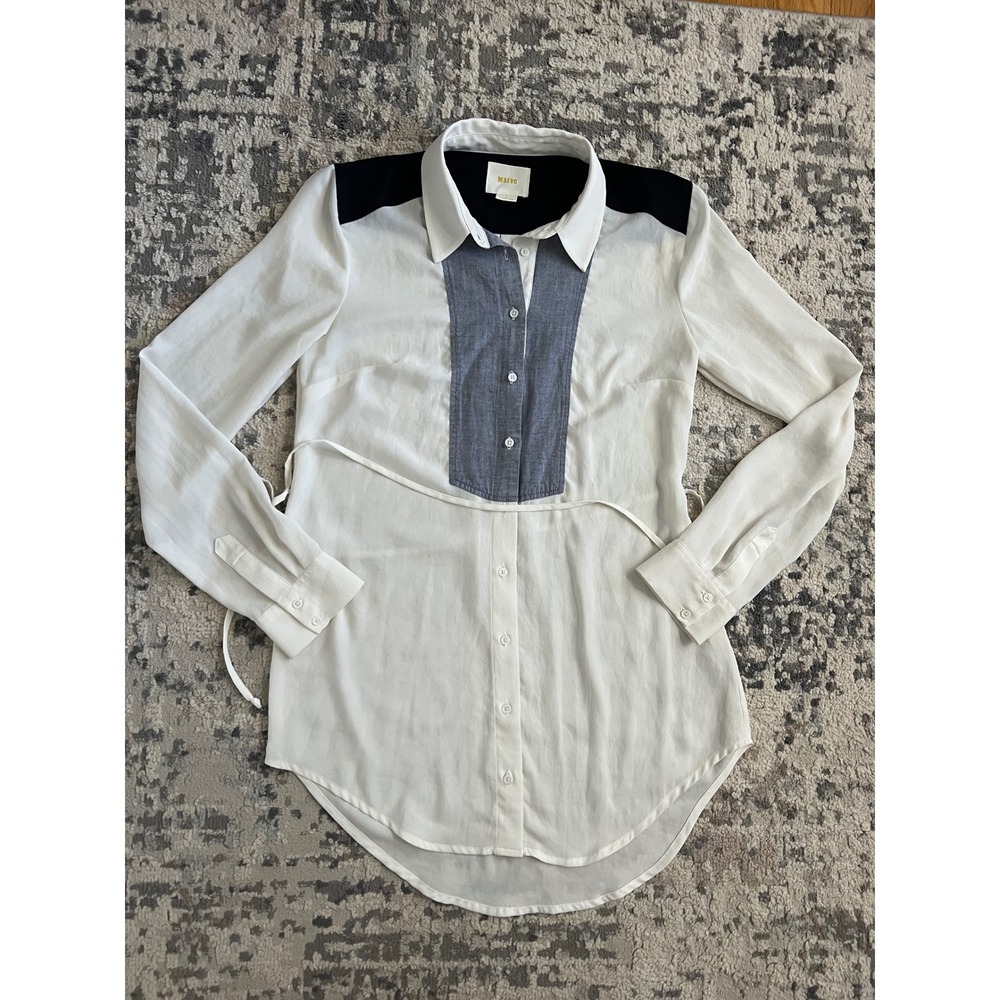 Maeve Anthropologie White‎ Colorblock Chambray Bib Tunic Blouse Shirt Womens 2